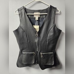 NWT Black FAUX Leather Peplum Heart Zippers Top Vest Size L